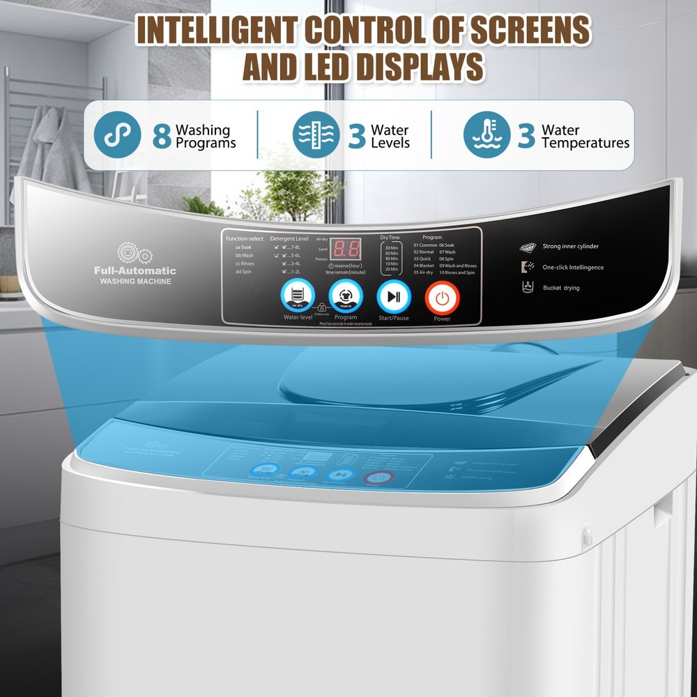 20lbs Full-Automatic Washing Machine with 10 Program Drain Pump Portable Washer-