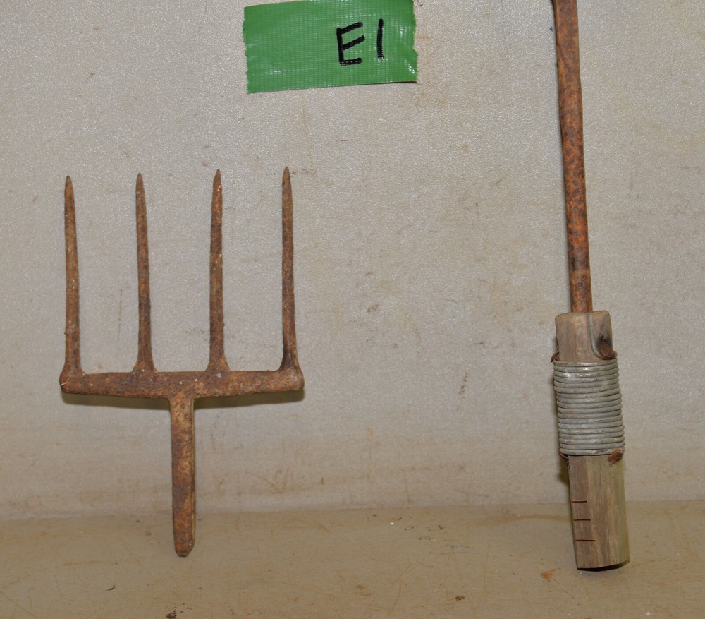 2 antique blacksmith forged tools eel frog fish gig spear & fork collectible E1