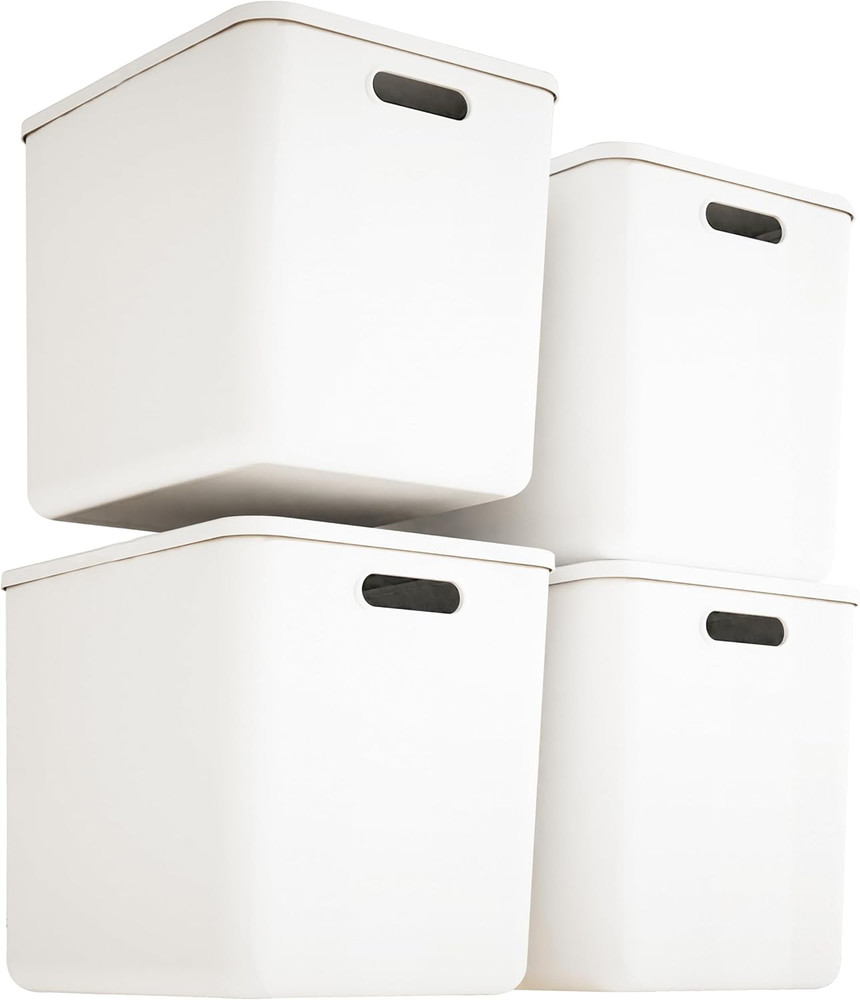 4 Pack Large Plastic Laundry Basket/Hamper with Lids and Handle，White Storage Bi