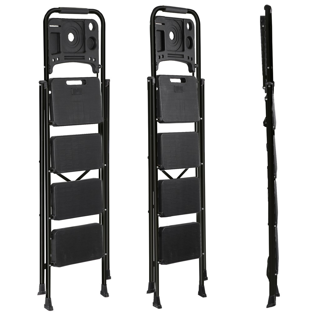 Step Ladder 4 Step Folding Black 330 Lbs Max Load Ladder Folding W/ Work Tray
