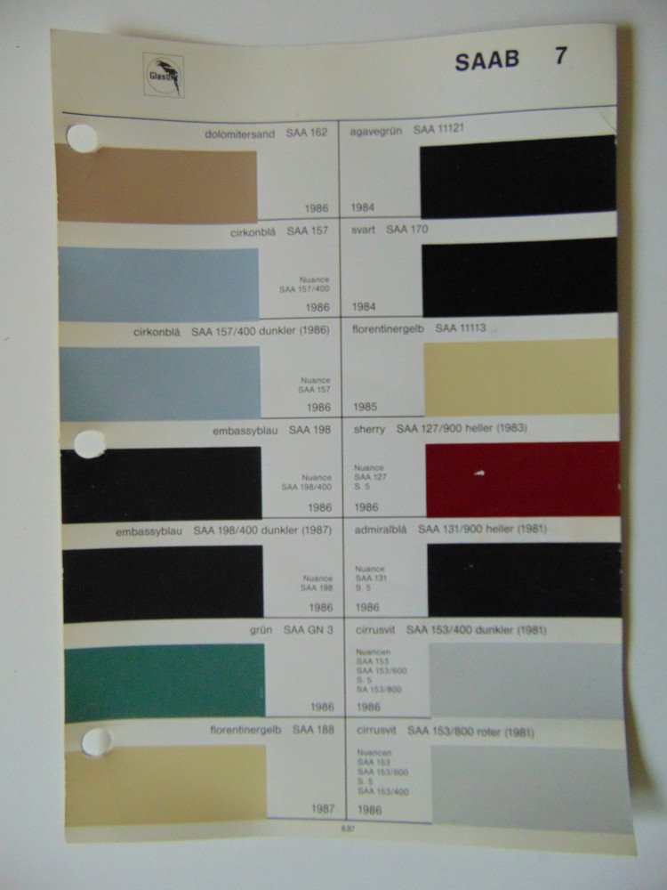 Original Glasurit SAAB Paint Chips Sheet - 1984-1987