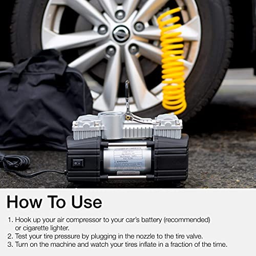 Portable Double Cylinder Air Compressor Tire Inflator with LED Flashlight, 12V