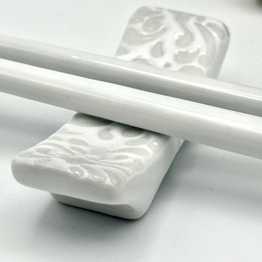 White Ceramic Chopsticks And Chop Stick Rest Scrolling Pattern 2 Sets