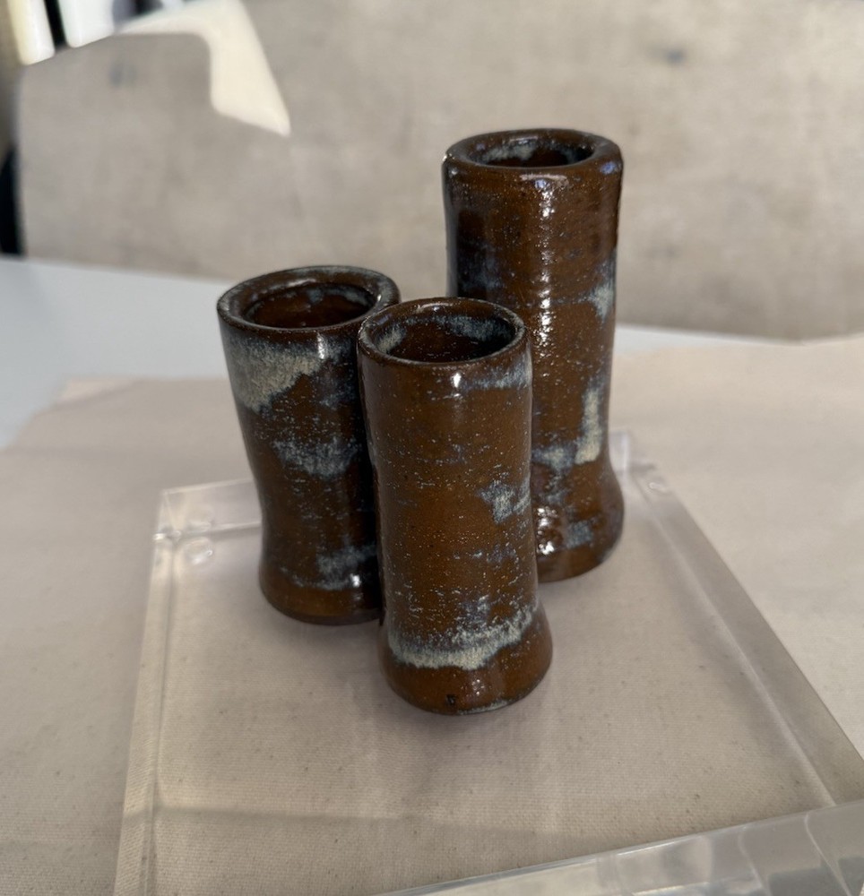 Art Studio Pottery 3 Candlesticks Brown Blue Tea Dust Stoneware Michael Smith