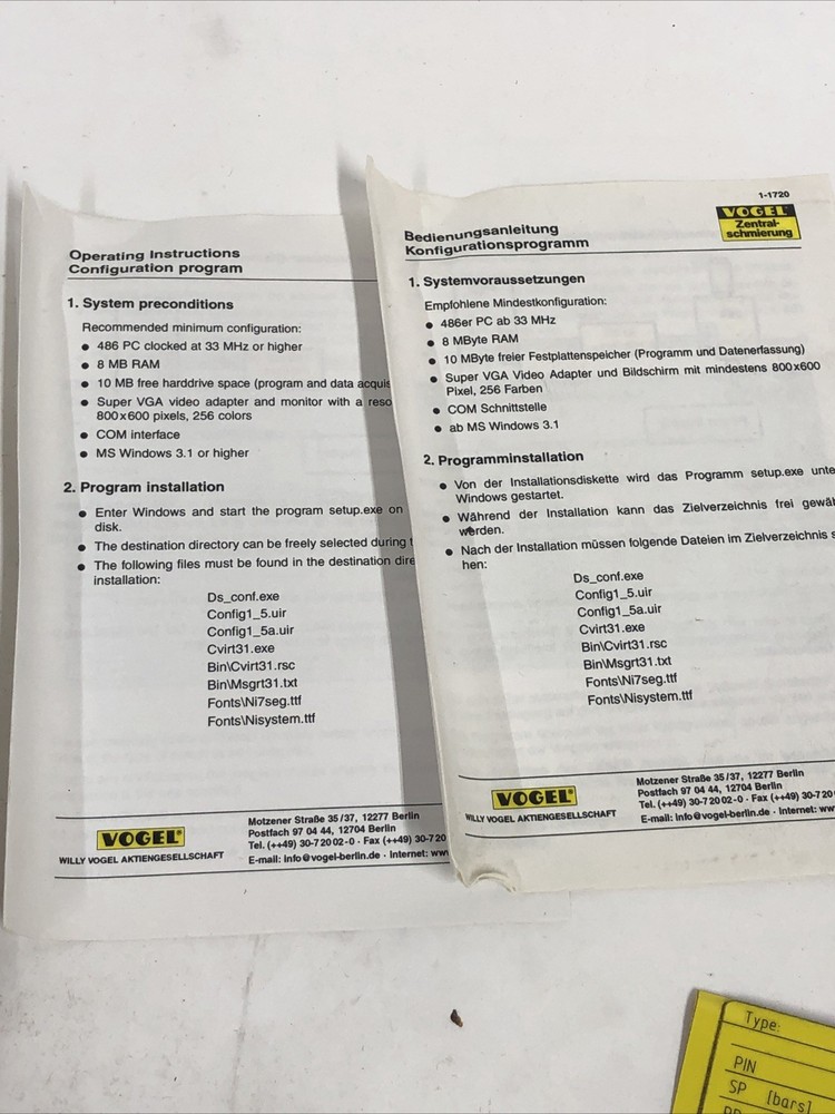 Vogel 173-000-190 DS-E Programming Kit Configuration RS 232 Interface