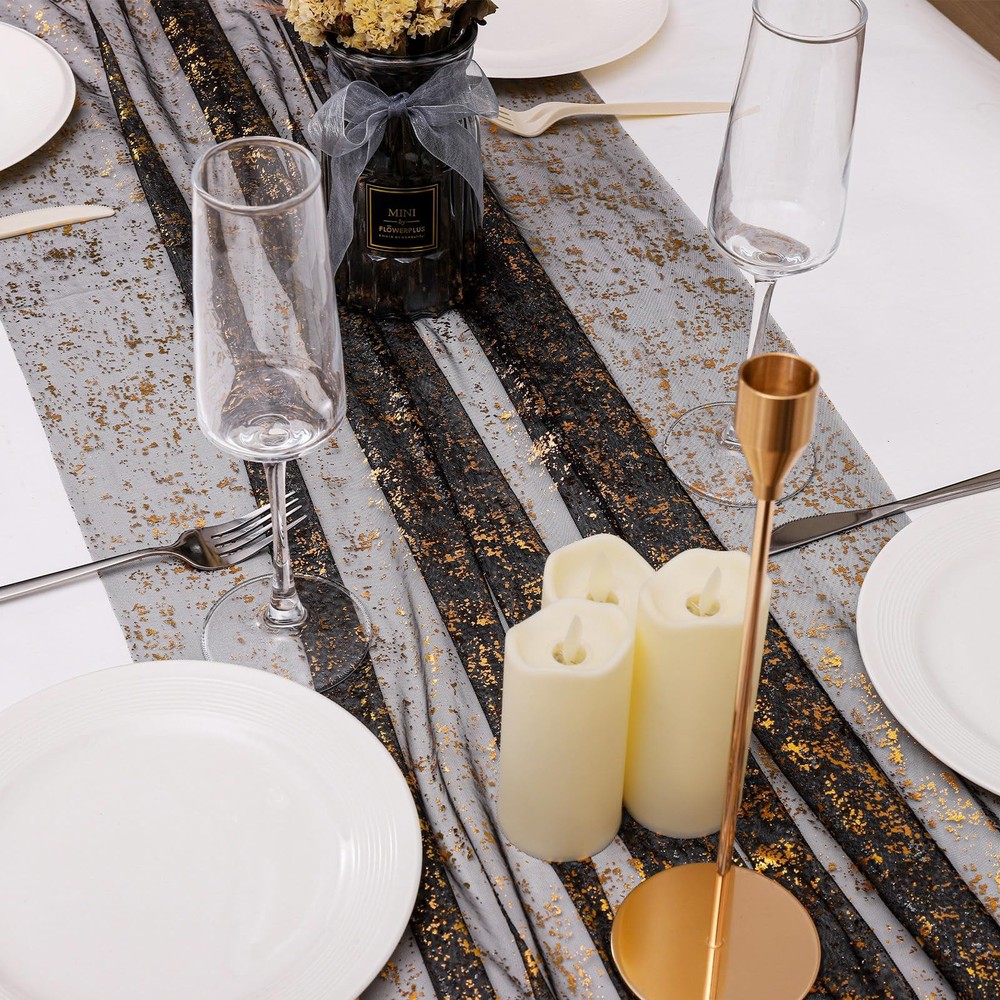 3 PCS Black Table Runner 10Ft Sheer Chiffon Fabric Cheesecloth Sequin
