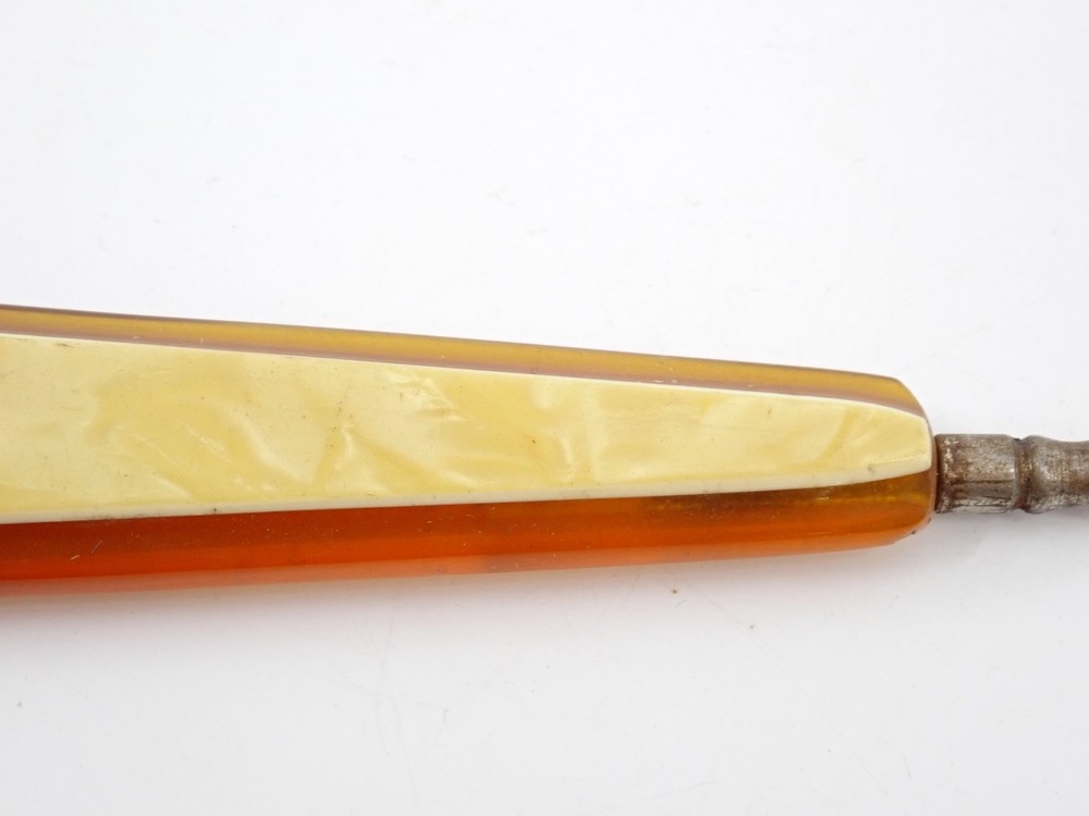 Vintage 1920s Celluloid Handle Buttonhook Amber & Cream Marbled Vanity Tool