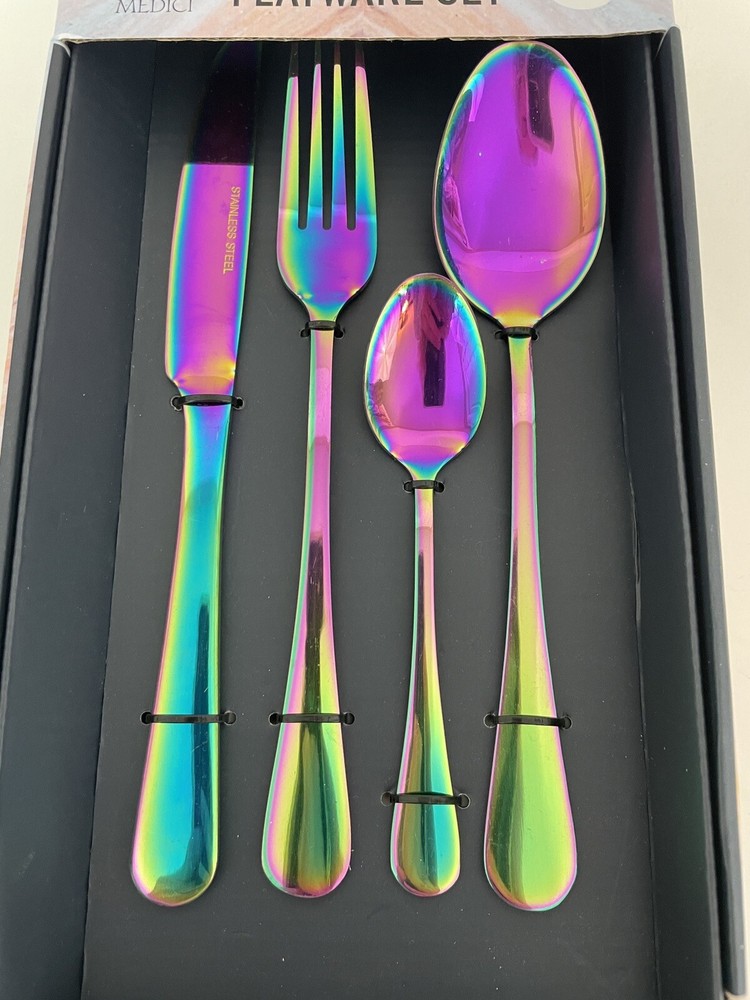Medici 16 Pc Flatware Set Iridescent Electroplated Stainless Steel Fork Spoon