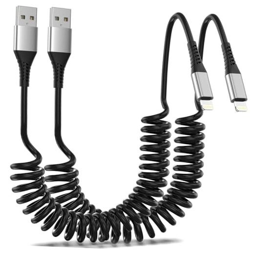 Coiled Lightning Cable for Car, 2Pack Retractable iPhone Charger 3FT Coiled