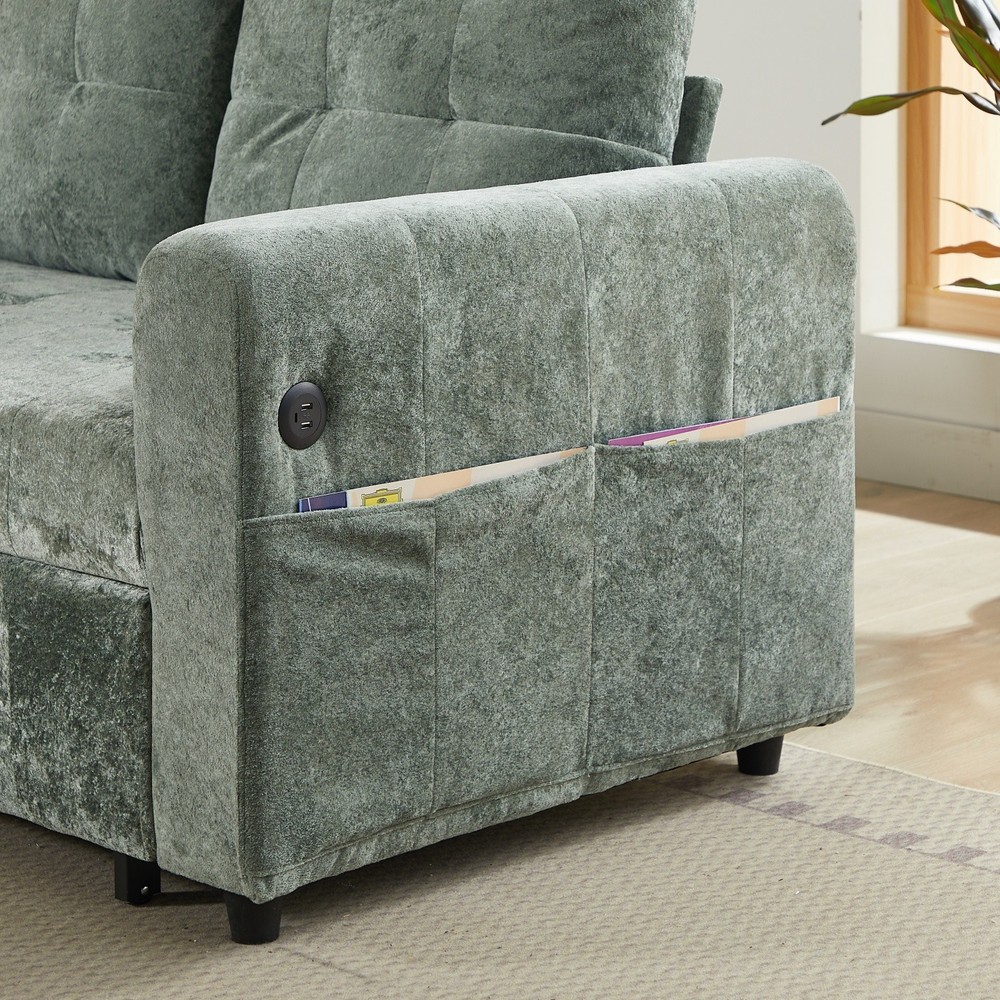 Chenille Sleeper Sofa Bed Loveseat Convertible with Pull Out Bed & USB Port