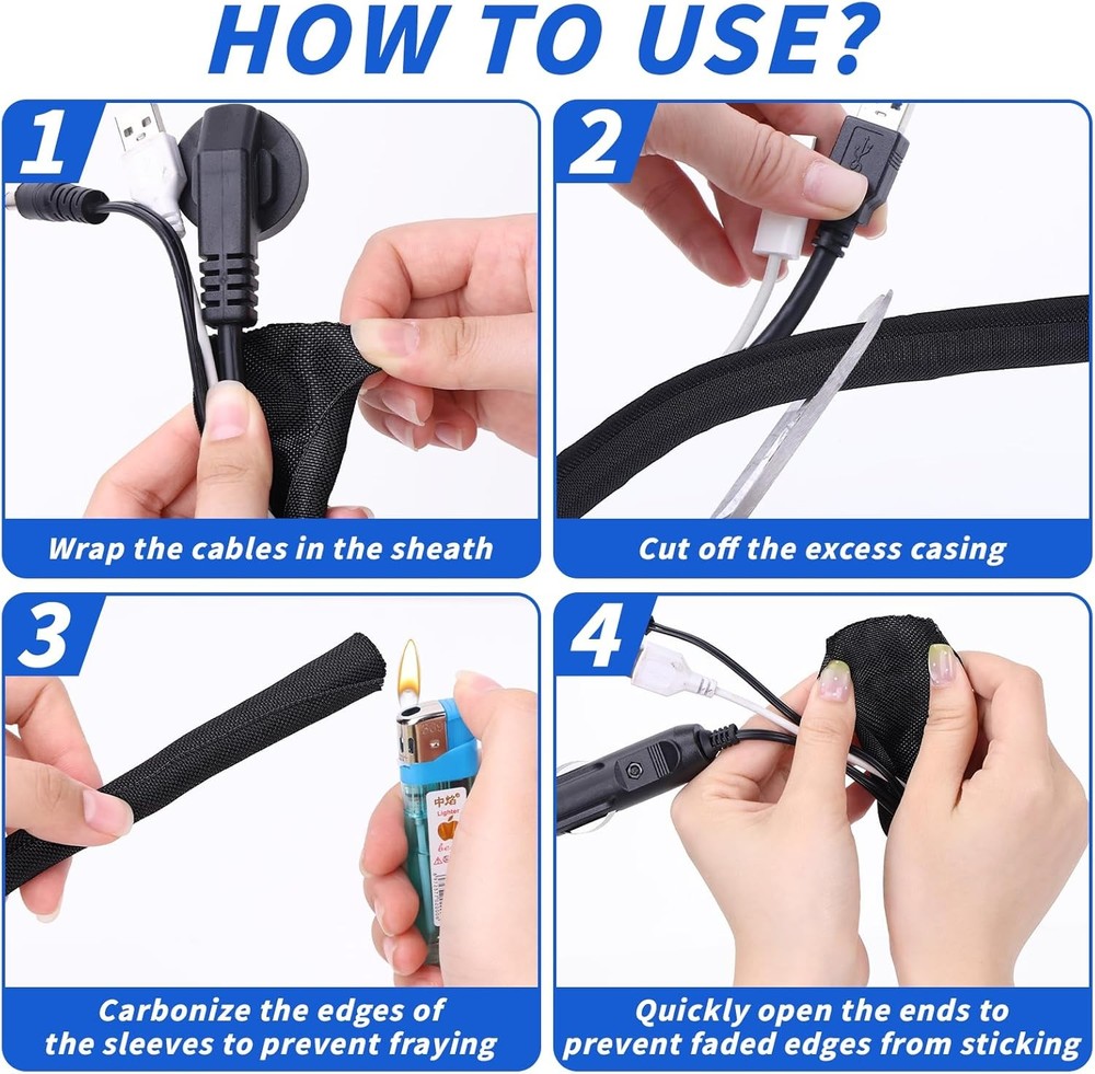 30FT Split Braided Sleeve Cable Management Car TV Electrical Cable Protection