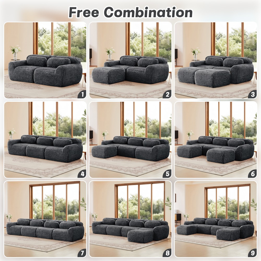 149'' Modular Plush Sofa w/Non-slip Base, Dark Grey, 32D Sponge