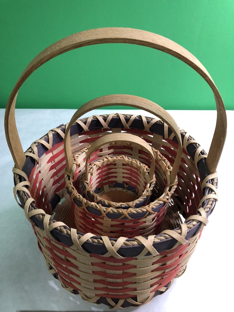 Set 3 Round Handled Woven Baskets Wood Nesting Large Medium Small Signed 2001