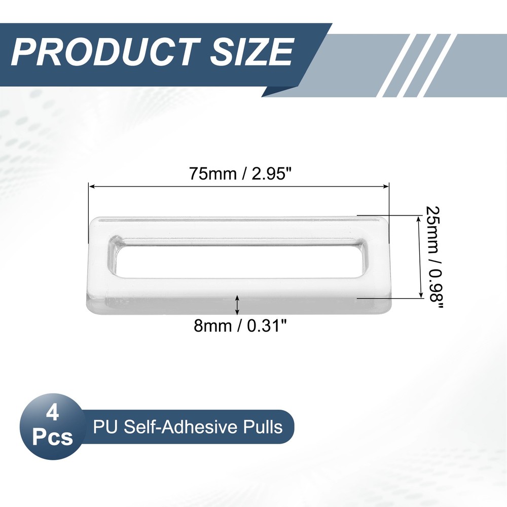 4Pcs PU Self-Adhesive Pulls, 2.95" Rectangle Clear Recessed Finger Pulls
