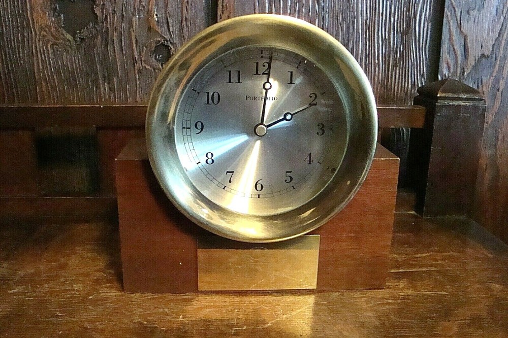 PORTFOLIO BRASS NAUTICAL CLOCK & WOOD STAND