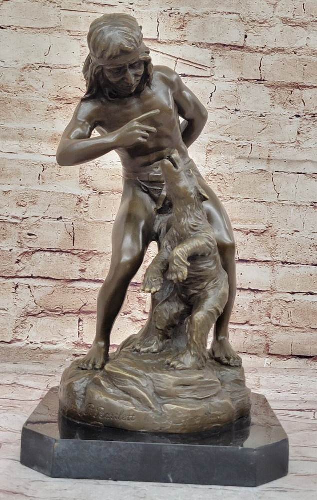 AMERICAN NATIVE TRAINING A BEAR BRONZE SCULPTURE STATUE ON MARBLE BASE ARTWORK