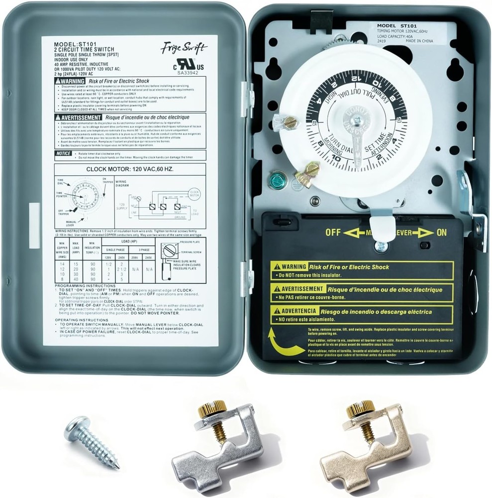 T101 24Hr Mechanical Timer 40A 120V SPST for Lights Fans Water Heater