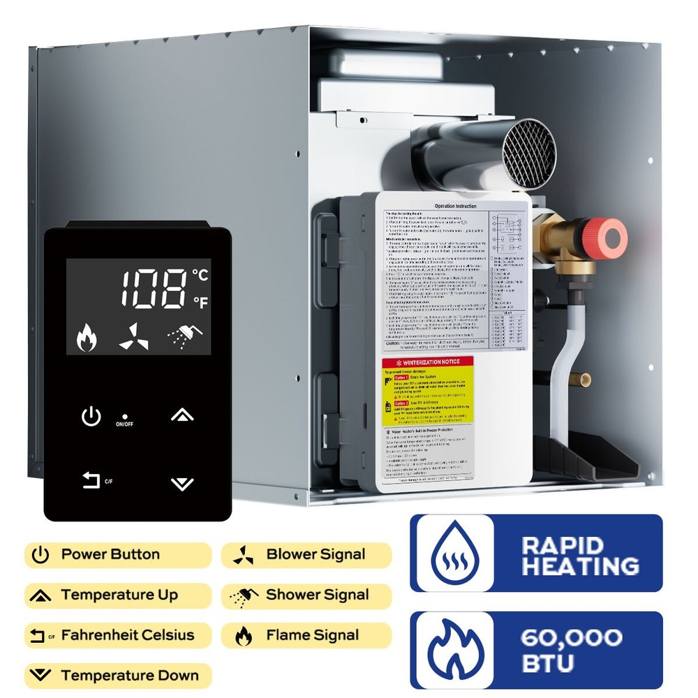 RV Tankless Water Heater Propane Gas 3.5 GPM 60,000 BTU with Remote Controller