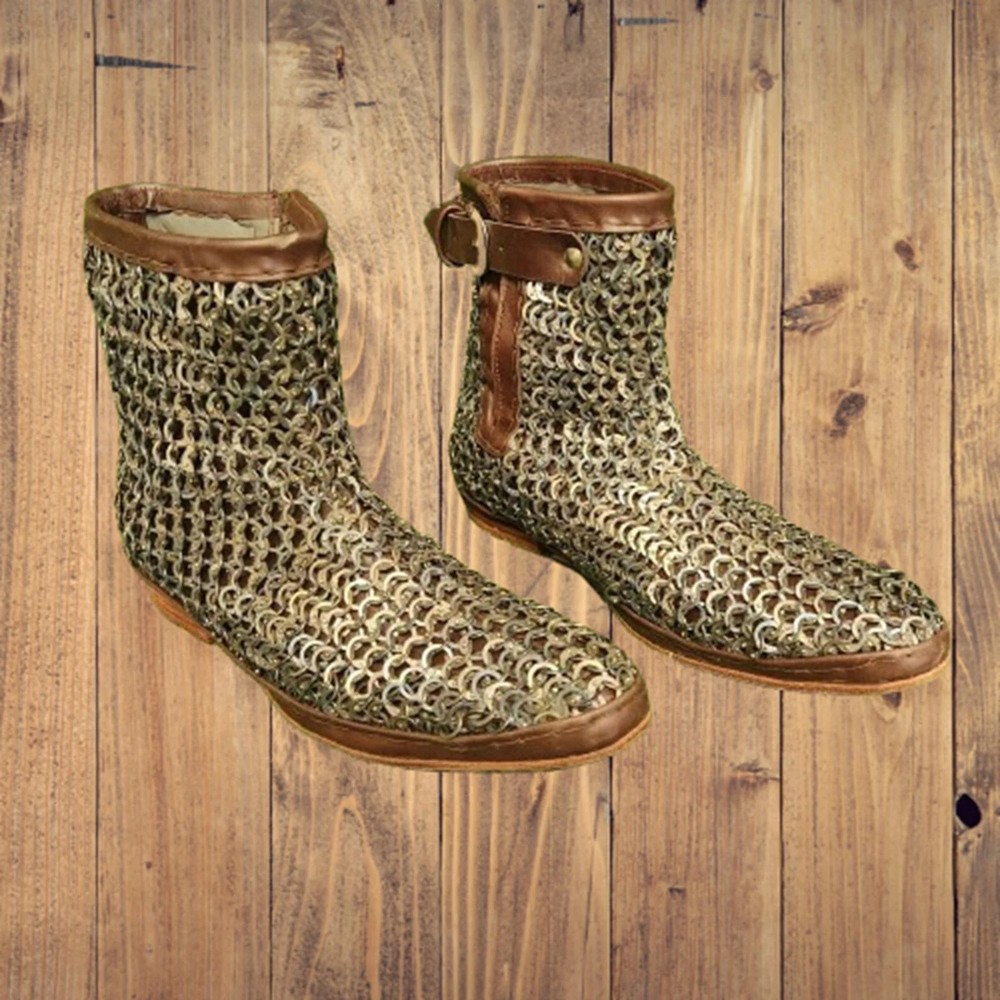 9mm Chainmail Leather Shoes | Flat Ring Dome Riveted Medieval Boots
