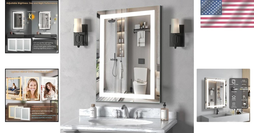 Modern Rectangular LED Vanity Mirror - 16x24, Waterproof & Memory Function