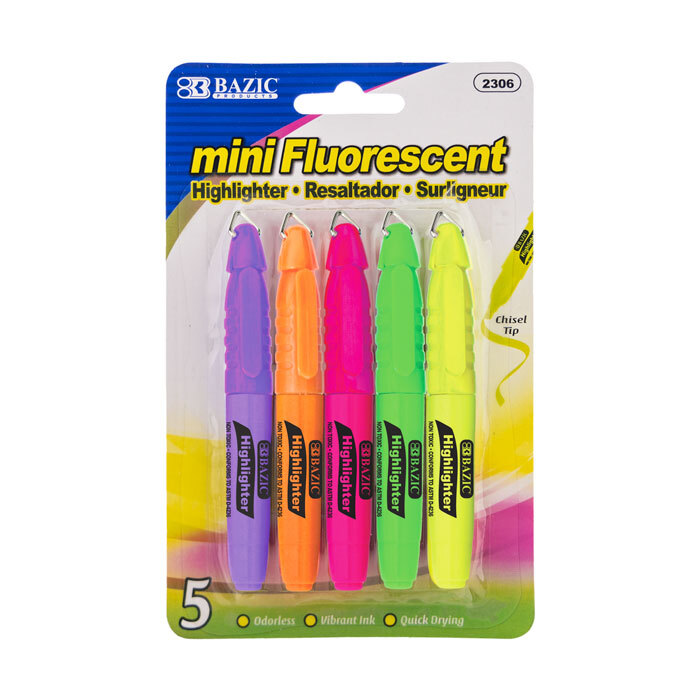 BAZIC Mini Fluorescent Highlighter w/ Cap Clip (5/Pack)