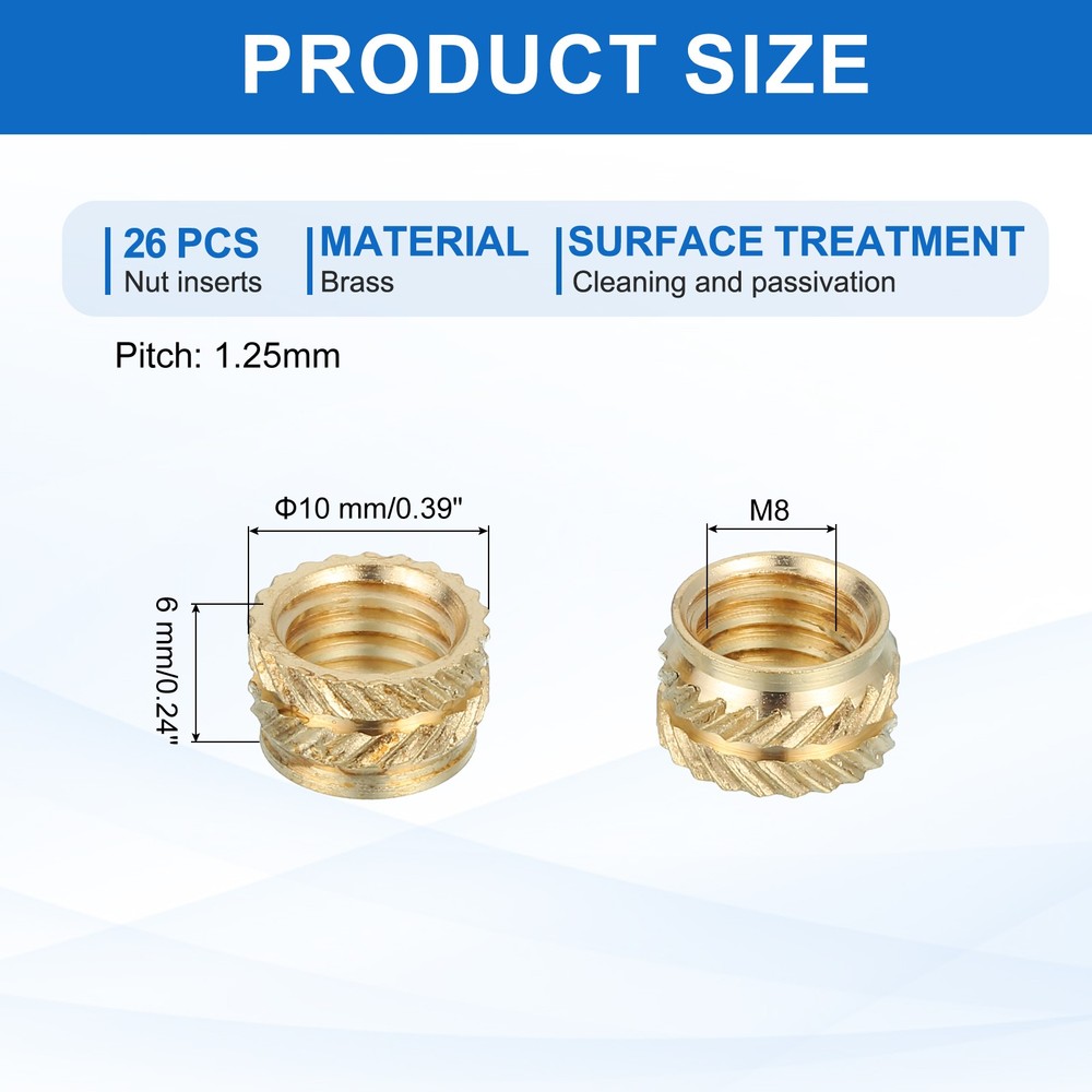 26 Pcs Threaded Inserts, M8 Brass Heat Set Insert for Plastic, M8x10x6mm