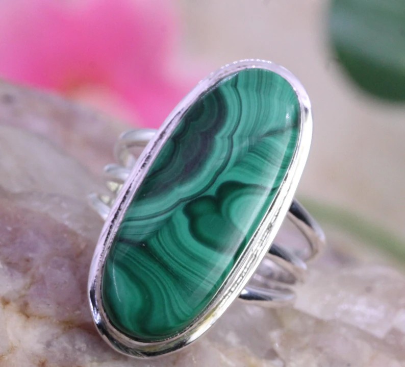 Solid 925 Sterling Silver Natural Malachite Oval Gemstone Statement Band Ring