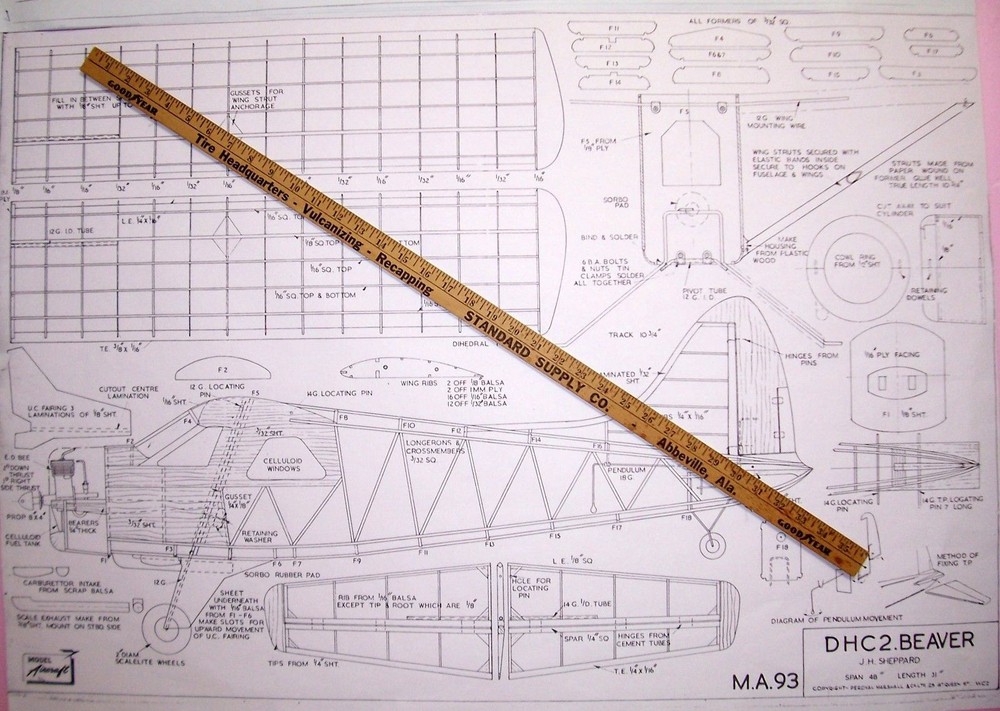 BEAVER PLANS & PATTERNS + Scale Items to Build TWO 48" FF or RC Model Airplanes