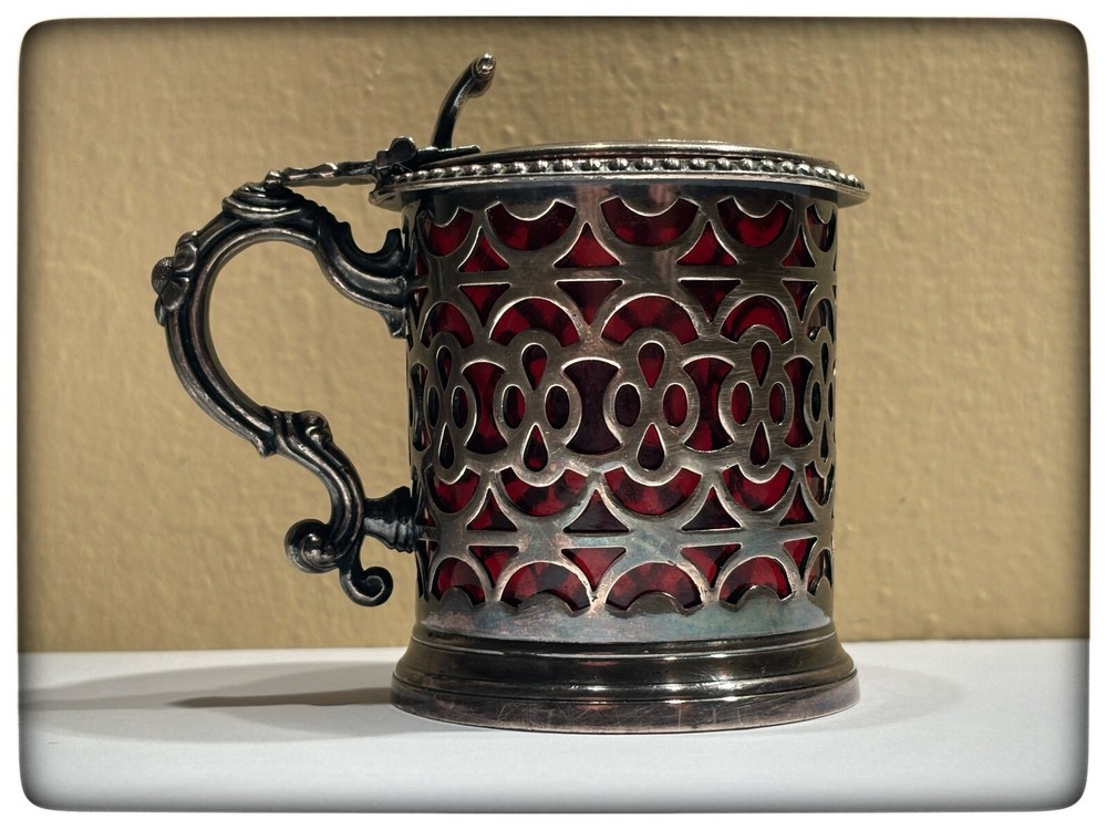 Antique Victorian Reticulated Condiment Jar with Ruby Glass Insert VG Condition.