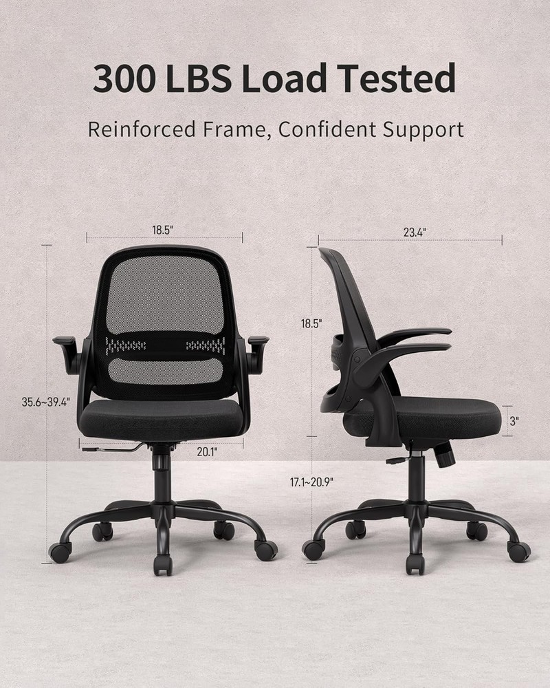 Office Home Chair Black Mid Back Ergonomic Adjustable 39" for Long Work Sessions