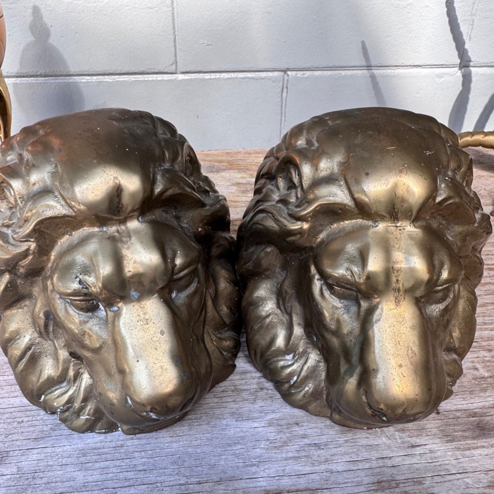 Solid Brass Lion Head Bookends Pair Heavy Vintage Hollywood Regency