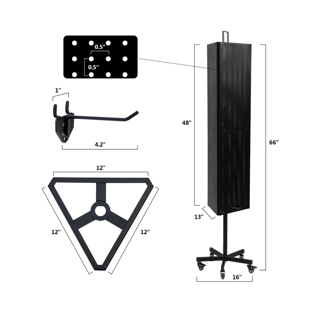 Triangular Metal Pegboard Panels Display with Base and Pole, Black Pegboard D...