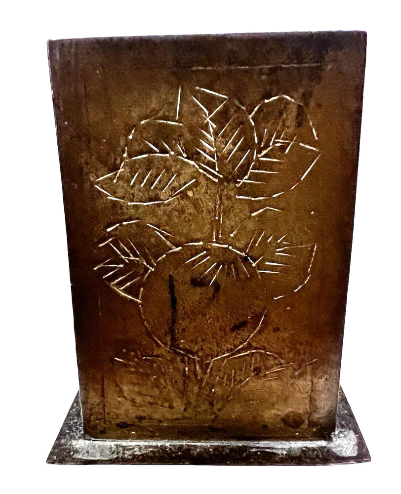 Solid Brass Match Box Holder Stand w Side Stricker Man & Fruit Design