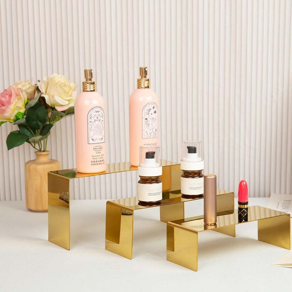 Handbag display rack, 3 gold-colored display stands