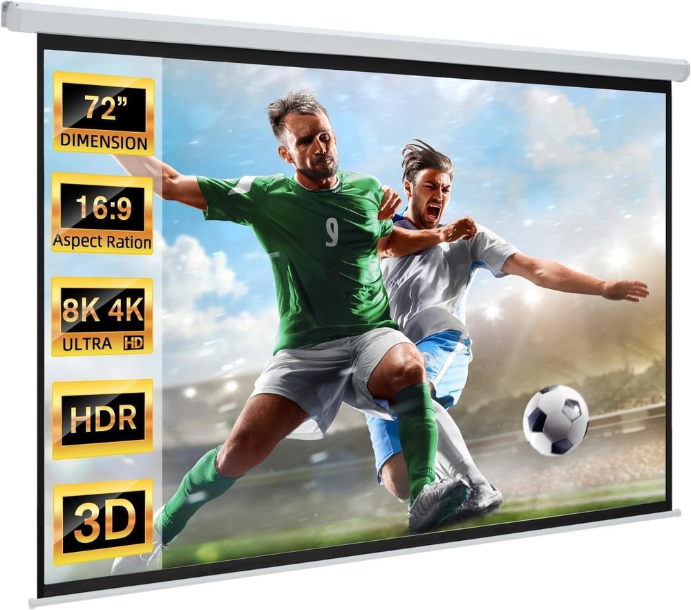 72" Projector Screen Motorized 16:9, 4K HD Pull Down Retractable Projection