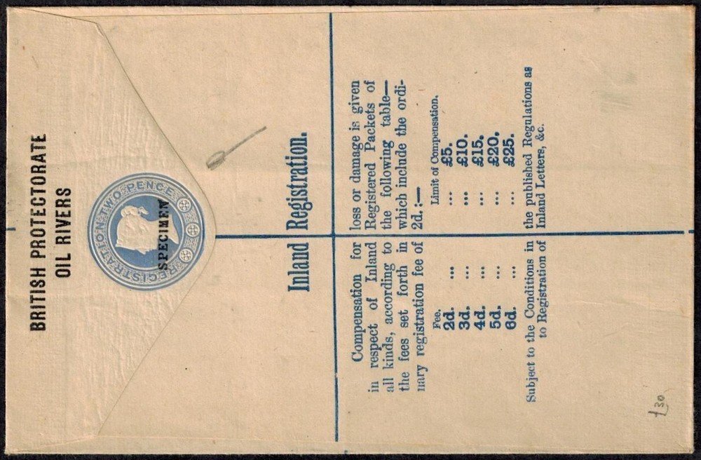 Niger Coast 1892 QV Medium Size Registered Envelope w/SPECIMEN & Old Rate Table