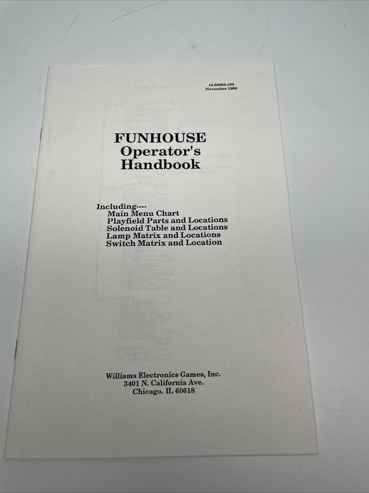 Williams FUNHOUSE Original Pinball Operator's Handbook Manual