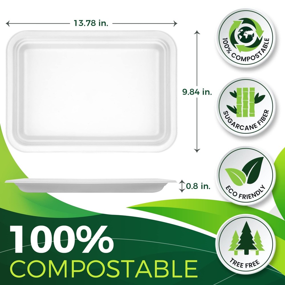50Pack 14" Heavy Duty Disposable Rectangle Food Trays, Compostable Extra Larg...