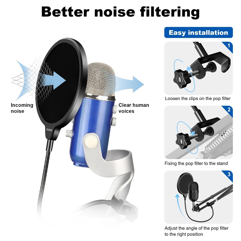 Aokeo Professional Microphone Pop Filter Mask Shield Filter,