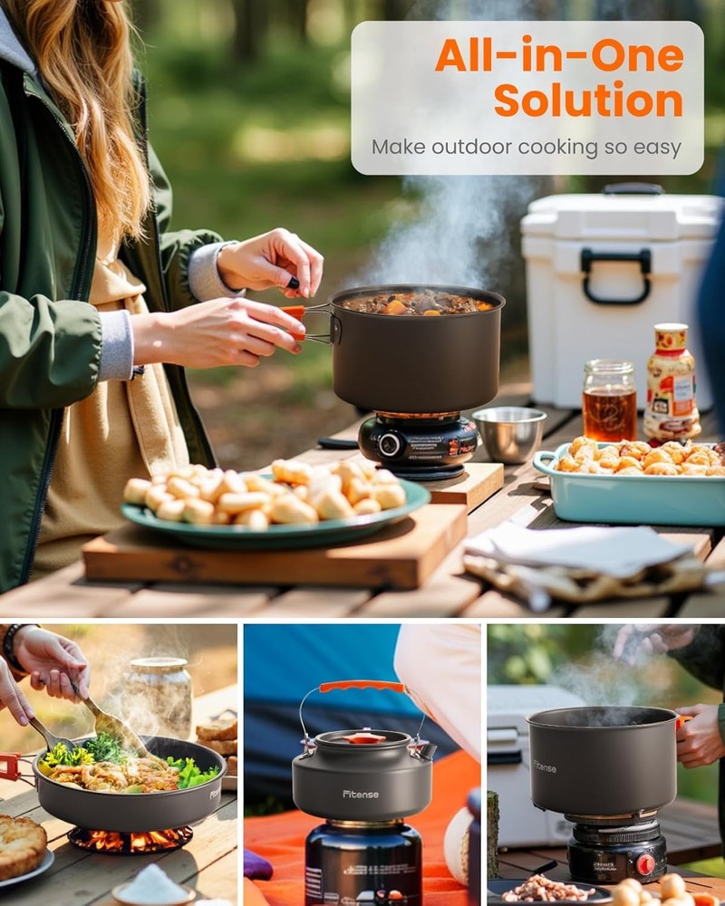 22Pcs Camping Cookware Mess Kit for 2, Lightweight Large, Silver, Orange