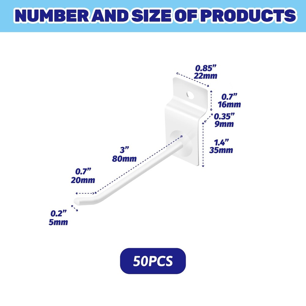 50 Pcs 4 Inch White Slatwall Panel Hooks, Slat Wall, Pegboard, Hanger, Bulk