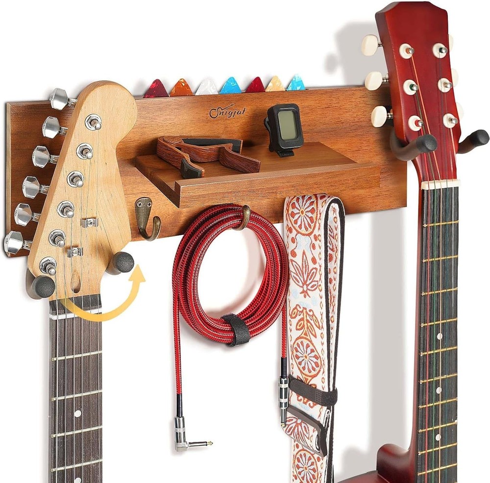 Rotatable Hook Guitar Wall Mount in Polished Acacia - Secure & Stylish Storage
