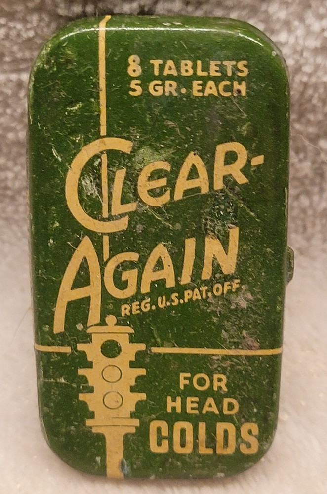 CLEAR AGAIN TIN w STOP LIGHT GRAPHICS AURORA LABORATORIES CHICAGO ILLINOIS