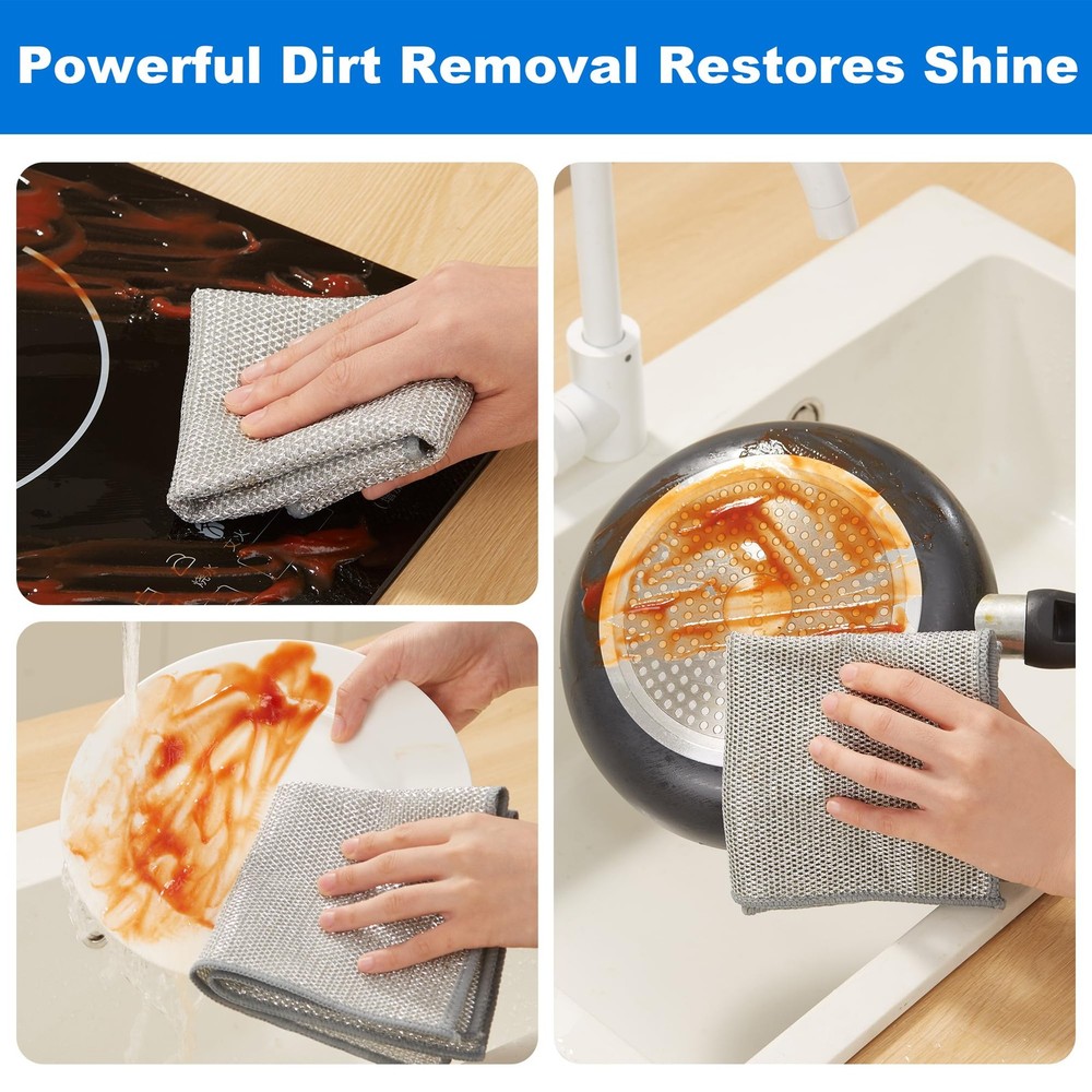 Dual-Sided Silver Microfiber Cleaning Cloth, Reusable Non-Scratch Dishwashing...