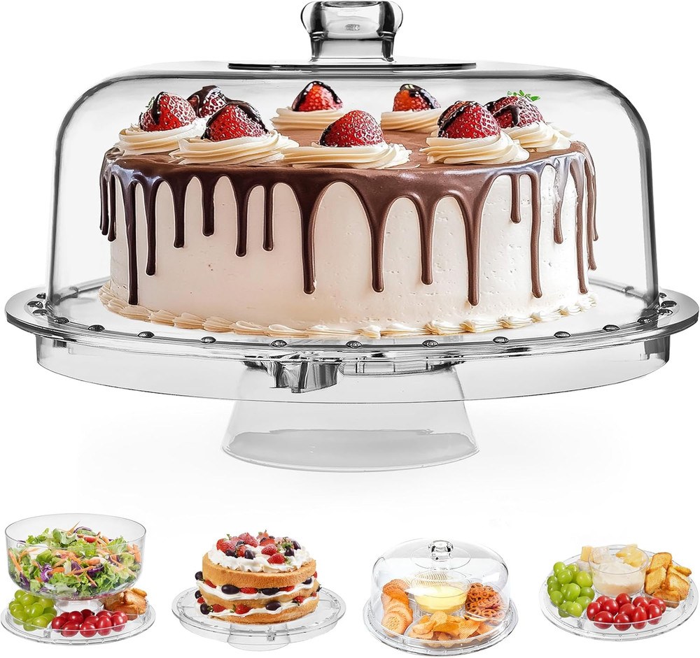 Cake Stand Multifunctional Serving Platter and Cake Plate with Dome (6 Uses)