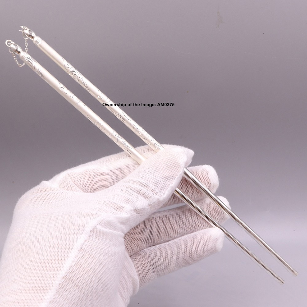 Fine Silver 999 Pure Silver Health Chopsticks Flatware Dragon Phoenix Handle