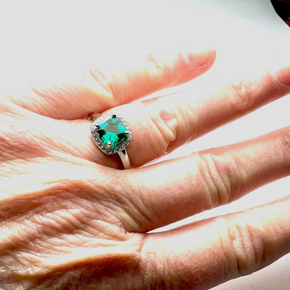 Lab Made Emerald Engagement Ring Solid Sterling Silver 925 , May birthstone