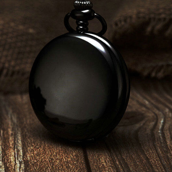 Retro Black Smooth Case Steampunk Analog Quartz Pocket Watch Necklace Chain