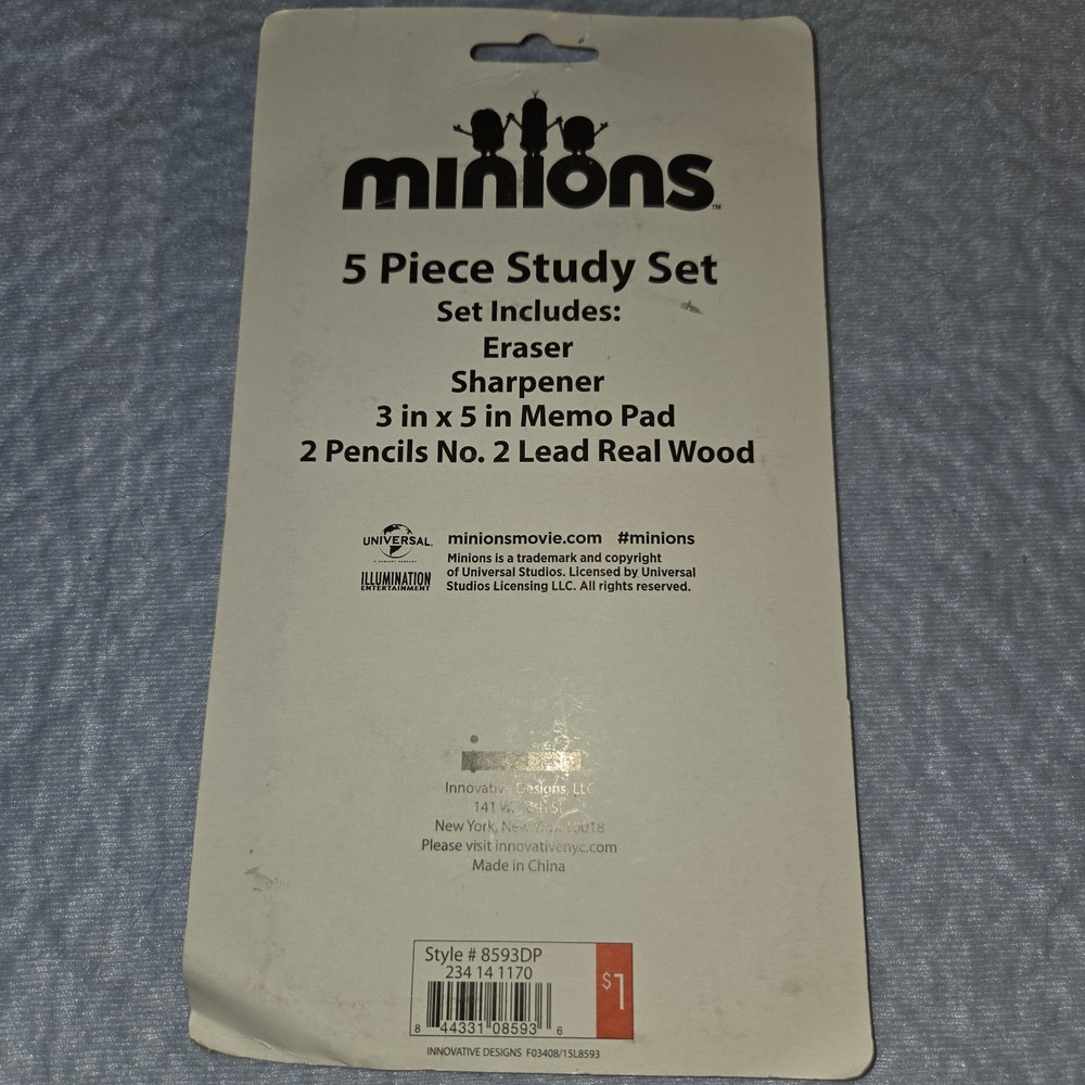 Minions 5 Piece Study Set. New Pencils, Sharpener, Eraser Notepad Item 1082