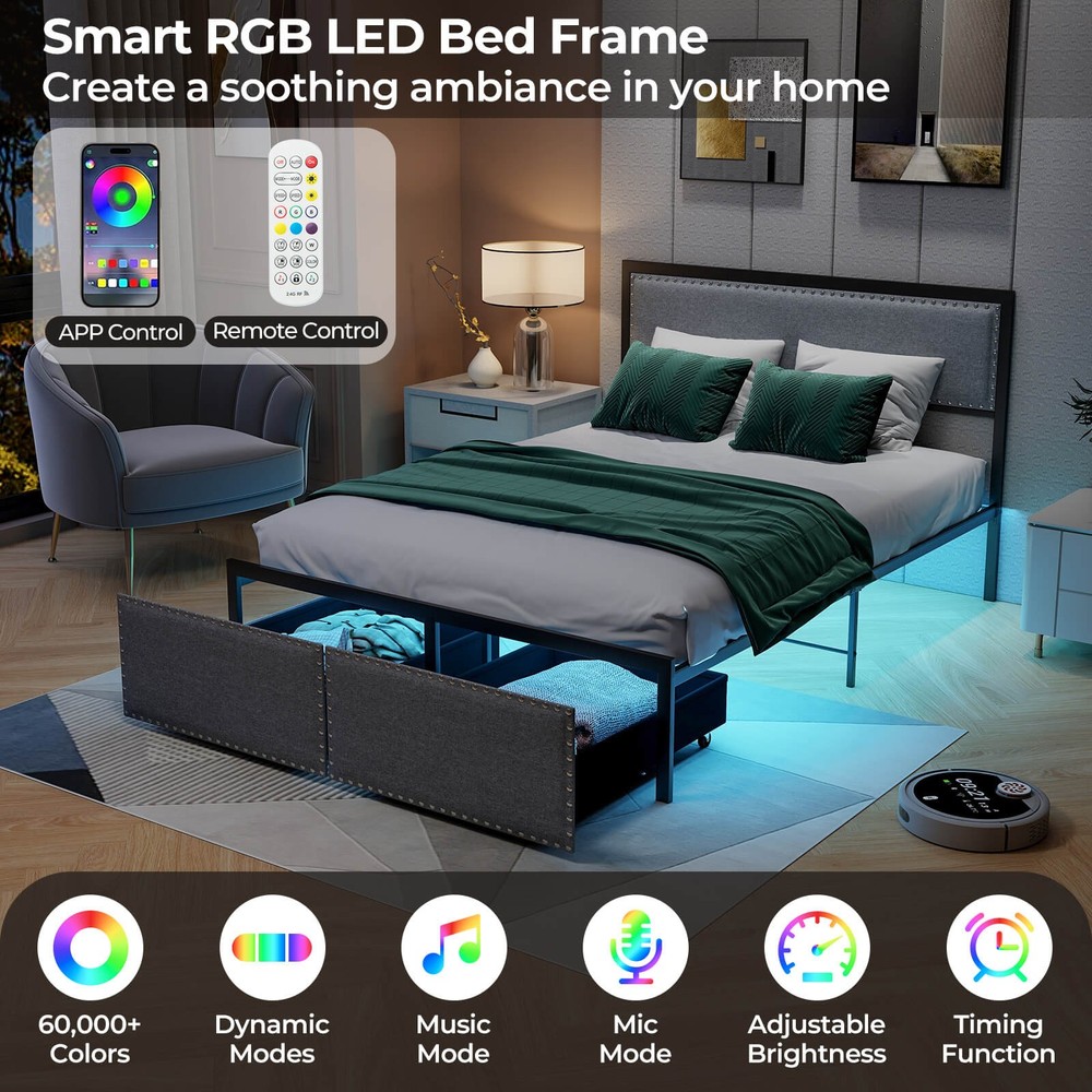 Full Size Bed Frame with 2 Storage Drawers LED Lights Slats Support Modern